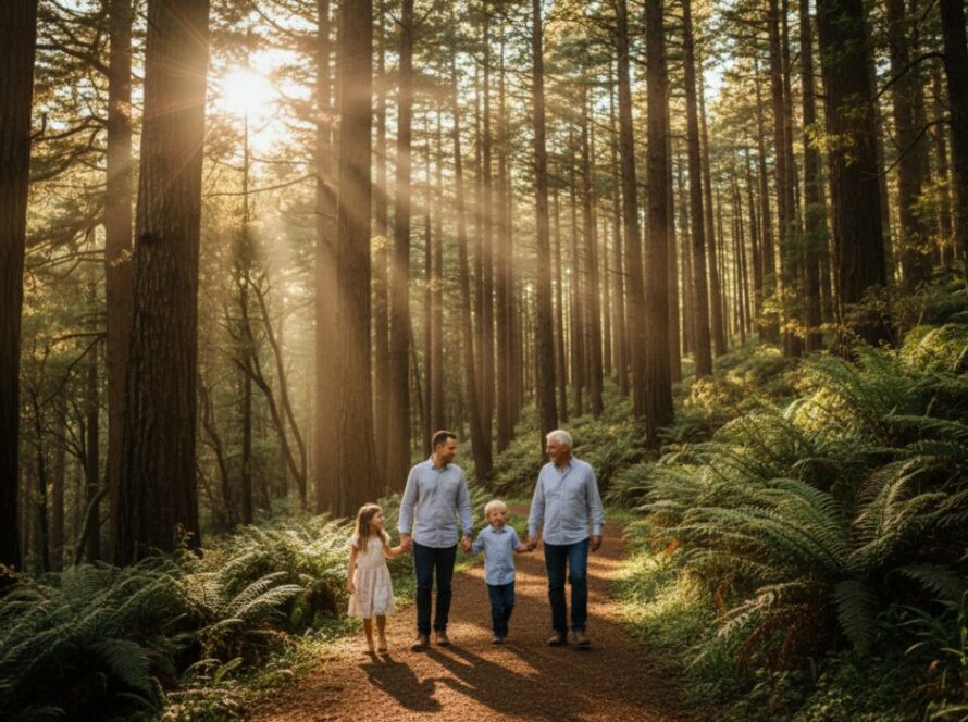 Joyful family running through lush fern gully in Kallista Dandenong Ranges, captured in an authentic family photography portrait at sunset, with golden light filtering through the towering trees, showcasing genuine laughter and connection.