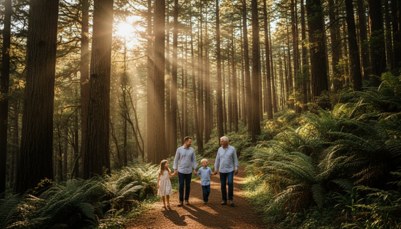 Joyful family running through lush fern gully in Kallista Dandenong Ranges, captured in an authentic family photography portrait at sunset, with golden light filtering through the towering trees, showcasing genuine laughter and connection.