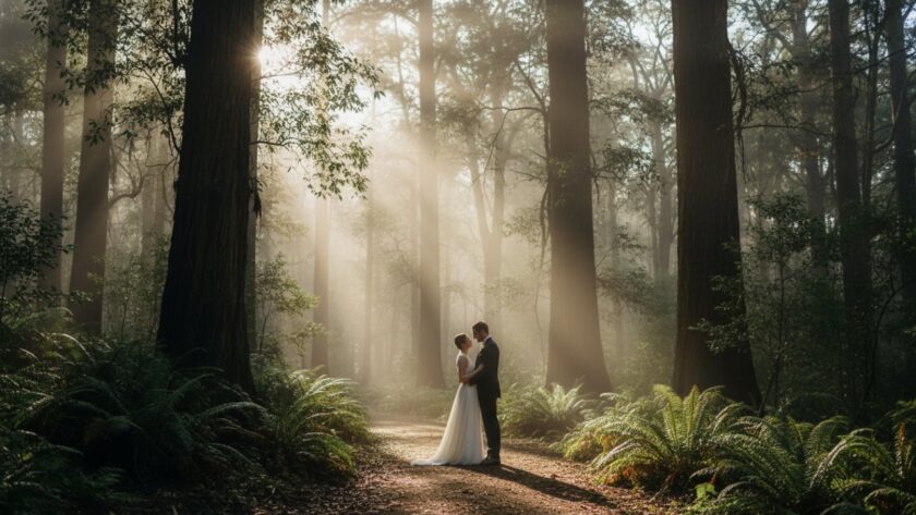 An epic moment of a couple embracing amidst the misty, towering trees of the Dandenongs, showcasing Kallista Dandenongs fine art portraiture with dramatic lighting and a deep emotional connection.