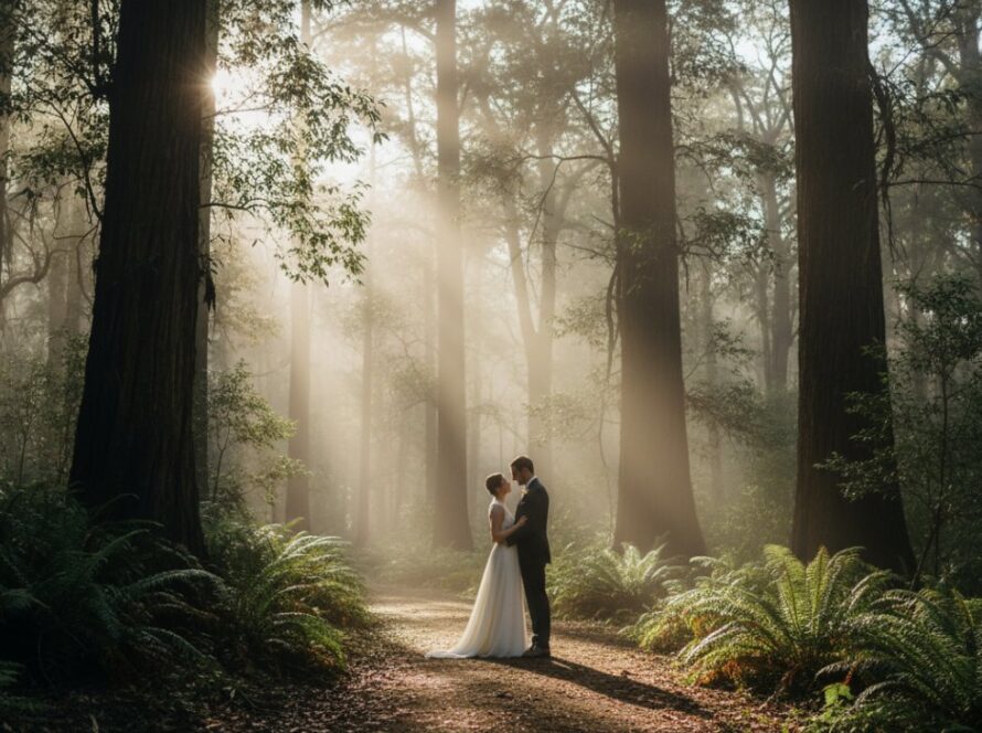 An epic moment of a couple embracing amidst the misty, towering trees of the Dandenongs, showcasing Kallista Dandenongs fine art portraiture with dramatic lighting and a deep emotional connection.
