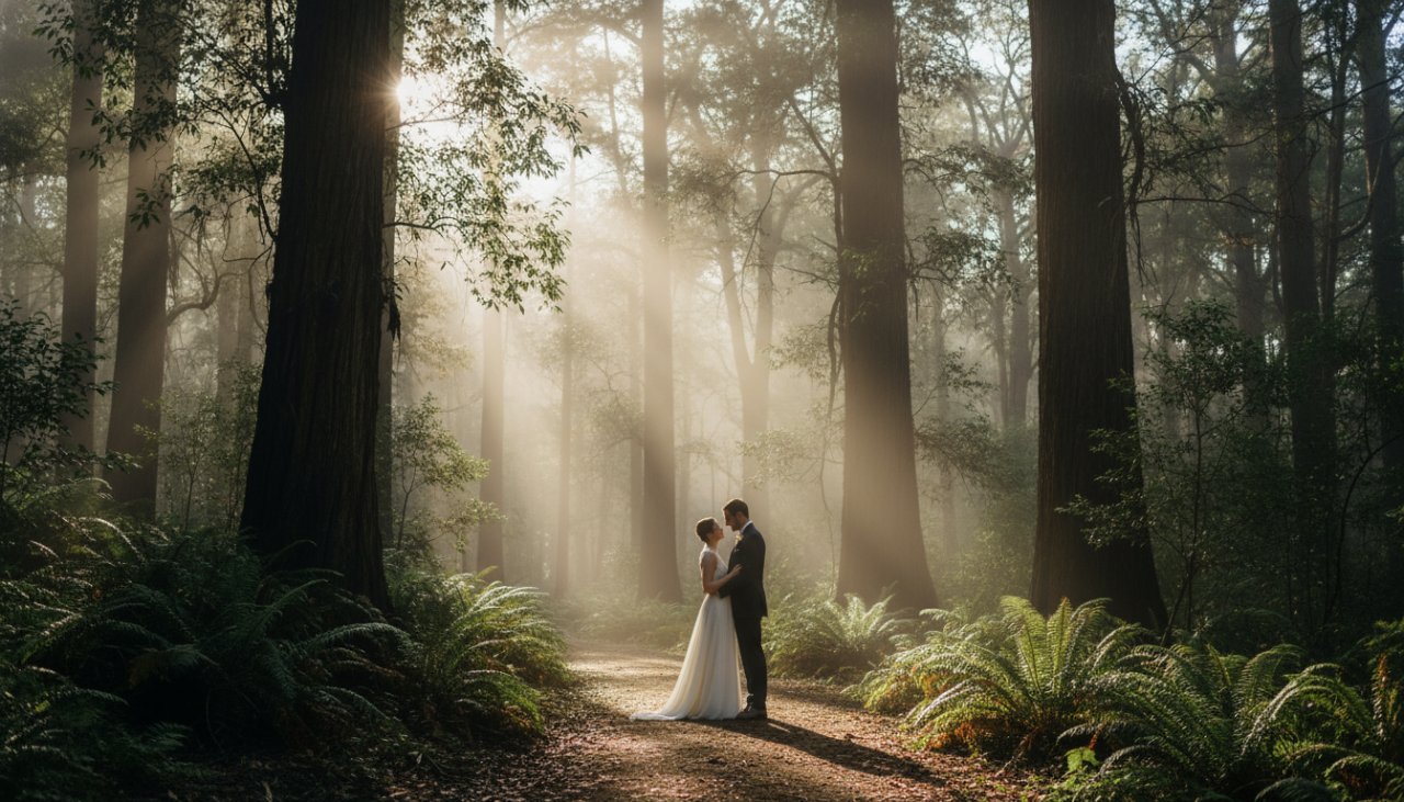 An epic moment of a couple embracing amidst the misty, towering trees of the Dandenongs, showcasing Kallista Dandenongs fine art portraiture with dramatic lighting and a deep emotional connection.