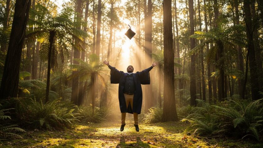 A jubilant graduate in their cap and gown, mid-air with their cap tossed high, set against the lush, sun-dappled rainforest of the Dandenong Ranges in Kallista, celebrating an epic moment after a Kallista Dandenongs vibrant graduation photoshoot, with golden light streaming through eucalyptus leaves.