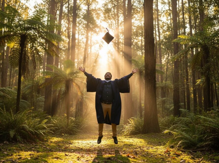 A jubilant graduate in their cap and gown, mid-air with their cap tossed high, set against the lush, sun-dappled rainforest of the Dandenong Ranges in Kallista, celebrating an epic moment after a Kallista Dandenongs vibrant graduation photoshoot, with golden light streaming through eucalyptus leaves.