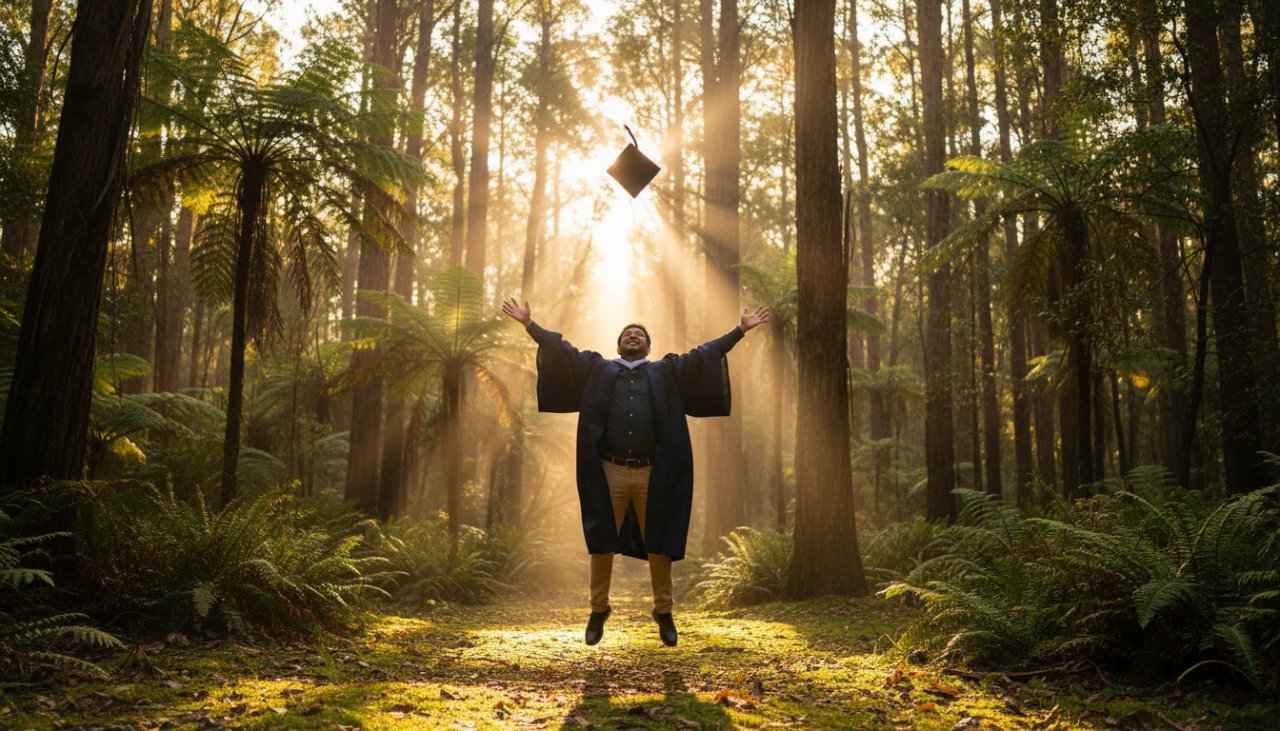 A jubilant graduate in their cap and gown, mid-air with their cap tossed high, set against the lush, sun-dappled rainforest of the Dandenong Ranges in Kallista, celebrating an epic moment after a Kallista Dandenongs vibrant graduation photoshoot, with golden light streaming through eucalyptus leaves.