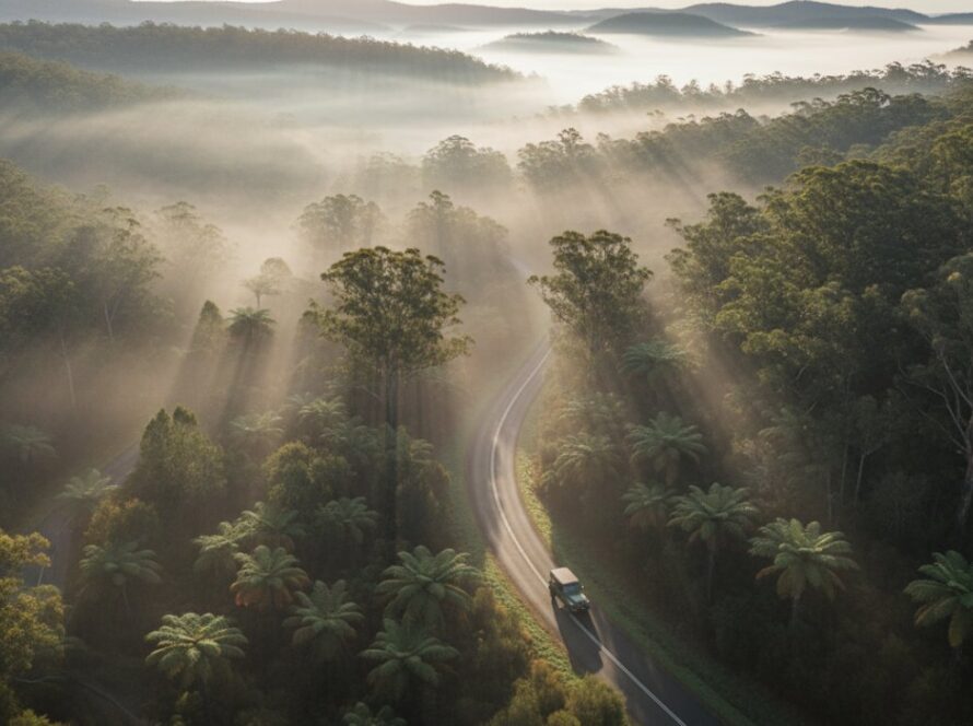 An epic, cinematic drone photograph capturing the lush, misty Dandenong Ranges near Kallista at sunrise, with a winding road disappearing into vibrant green forests, showcasing Kallista drone photography stunning Dandenong Ranges aerials.