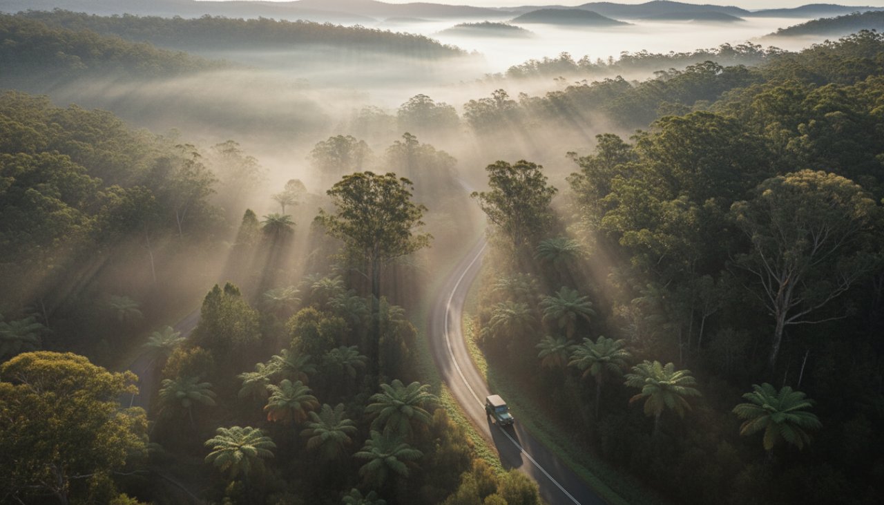 An epic, cinematic drone photograph capturing the lush, misty Dandenong Ranges near Kallista at sunrise, with a winding road disappearing into vibrant green forests, showcasing Kallista drone photography stunning Dandenong Ranges aerials.