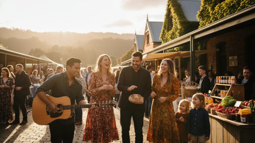 An epic moment in Kallista editorial photography for community stories, featuring a vibrant local festival gathering at sunset near Kallista's historic market, capturing joy and connection under golden light.