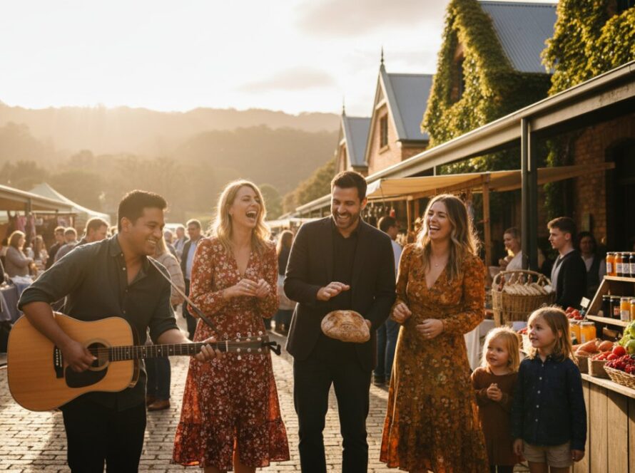 An epic moment in Kallista editorial photography for community stories, featuring a vibrant local festival gathering at sunset near Kallista's historic market, capturing joy and connection under golden light.