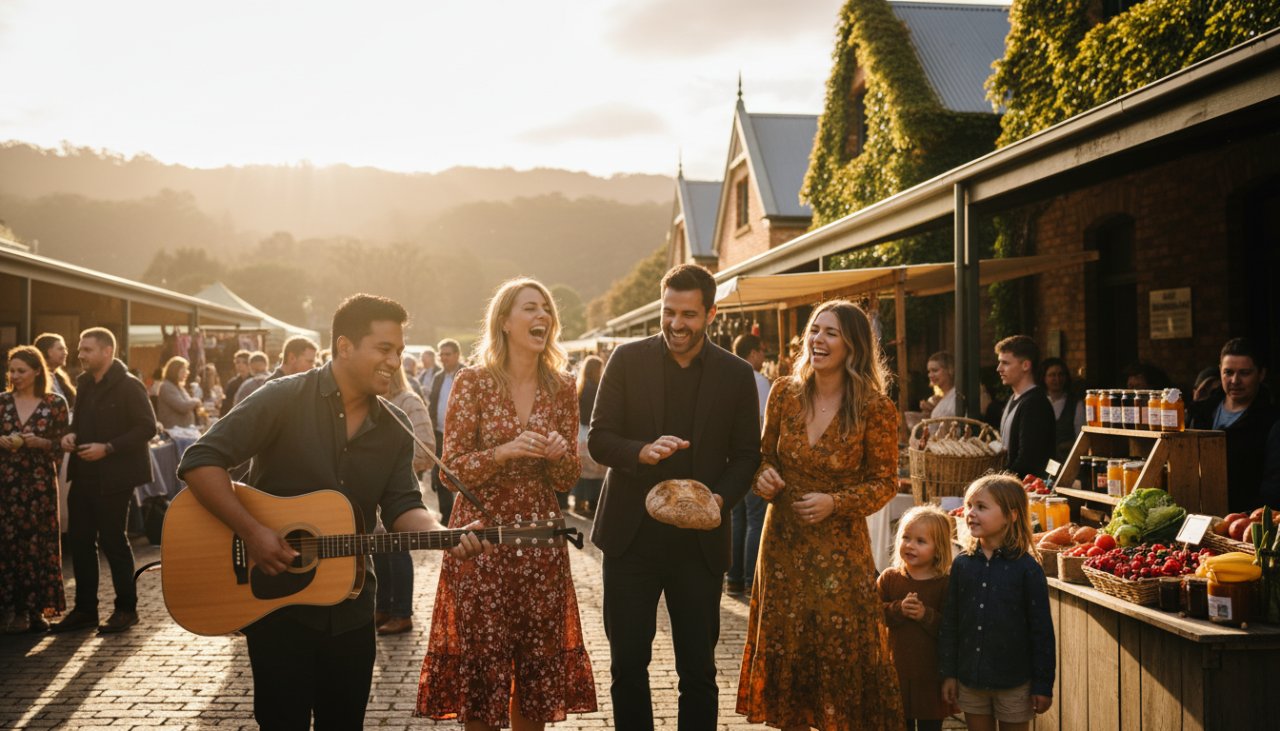 An epic moment in Kallista editorial photography for community stories, featuring a vibrant local festival gathering at sunset near Kallista's historic market, capturing joy and connection under golden light.
