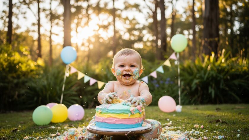 Epic moment photograph capturing a jubilant toddler in Kallista mid-cake smash, covered in frosting with a huge smile, surrounded by vibrant balloons and natural light, embodying the joy of Kallista first birthday cake smash photography.