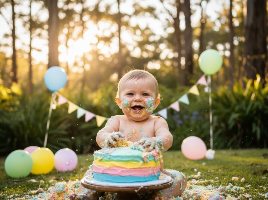 Epic moment photograph capturing a jubilant toddler in Kallista mid-cake smash, covered in frosting with a huge smile, surrounded by vibrant balloons and natural light, embodying the joy of Kallista first birthday cake smash photography.