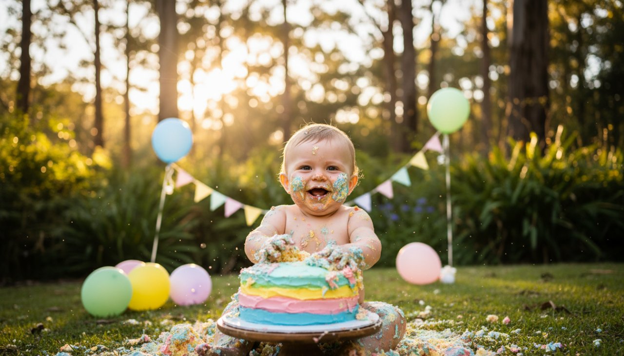 Epic moment photograph capturing a jubilant toddler in Kallista mid-cake smash, covered in frosting with a huge smile, surrounded by vibrant balloons and natural light, embodying the joy of Kallista first birthday cake smash photography.
