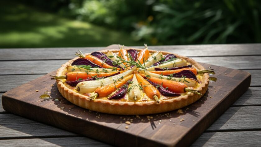 Dramatic close-up of a beautifully plated dish featuring vibrant, fresh local produce, such as heirloom tomatoes and microgreens, artfully arranged on a rustic wooden table bathed in soft natural light, with a hint of Kallista's lush Dandenong Ranges greenery in the blurred background. This Kallista food photography showcasing local produce captures an epic moment of culinary artistry, highlighting texture and colour.