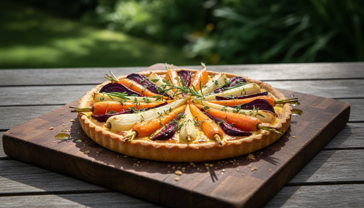 Dramatic close-up of a beautifully plated dish featuring vibrant, fresh local produce, such as heirloom tomatoes and microgreens, artfully arranged on a rustic wooden table bathed in soft natural light, with a hint of Kallista's lush Dandenong Ranges greenery in the blurred background. This Kallista food photography showcasing local produce captures an epic moment of culinary artistry, highlighting texture and colour.