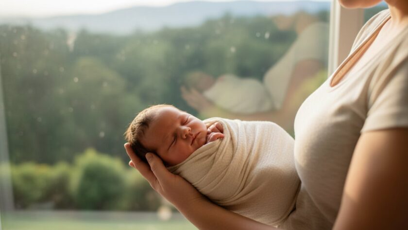 An artistic, cinematic photograph of a newborn baby gently swaddled in soft, natural fibres, held securely in a parent's hands, bathed in warm, soft morning light streaming through a window overlooking the lush, misty Dandenong Ranges forest in Kallista. This Kallista newborn photography captures precious first moments with profound emotion and serene beauty.