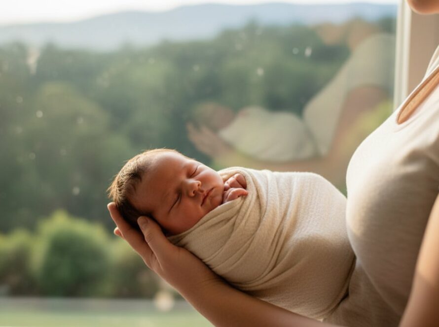 An artistic, cinematic photograph of a newborn baby gently swaddled in soft, natural fibres, held securely in a parent's hands, bathed in warm, soft morning light streaming through a window overlooking the lush, misty Dandenong Ranges forest in Kallista. This Kallista newborn photography captures precious first moments with profound emotion and serene beauty.