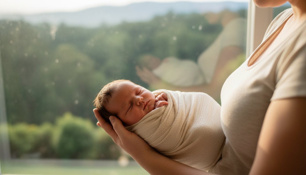 An artistic, cinematic photograph of a newborn baby gently swaddled in soft, natural fibres, held securely in a parent's hands, bathed in warm, soft morning light streaming through a window overlooking the lush, misty Dandenong Ranges forest in Kallista. This Kallista newborn photography captures precious first moments with profound emotion and serene beauty.