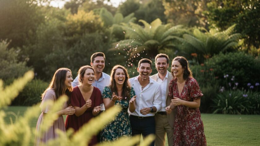 A stunning, cinematic photograph capturing a vibrant group of friends laughing and embracing during Kallista party photography candid moments, bathed in warm golden hour light in a lush garden setting with hints of the Dandenong Ranges in the background. Their genuine joy and connection are the focal point, creating an epic, unforgettable memory.