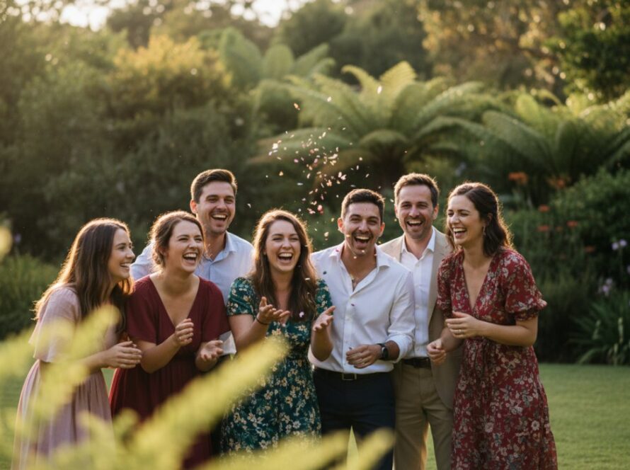 A stunning, cinematic photograph capturing a vibrant group of friends laughing and embracing during Kallista party photography candid moments, bathed in warm golden hour light in a lush garden setting with hints of the Dandenong Ranges in the background. Their genuine joy and connection are the focal point, creating an epic, unforgettable memory.