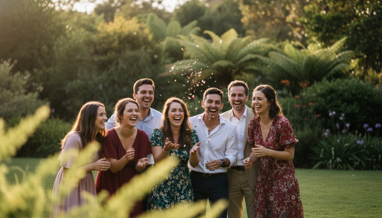 A stunning, cinematic photograph capturing a vibrant group of friends laughing and embracing during Kallista party photography candid moments, bathed in warm golden hour light in a lush garden setting with hints of the Dandenong Ranges in the background. Their genuine joy and connection are the focal point, creating an epic, unforgettable memory.