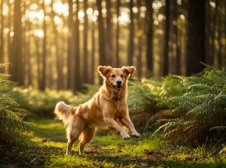 An adventurous golden retriever, mid-leap through dappled sunlight in Kallista, perfectly capturing Kallista pet photography cherished memories with the lush Dandenong Ranges in the background.