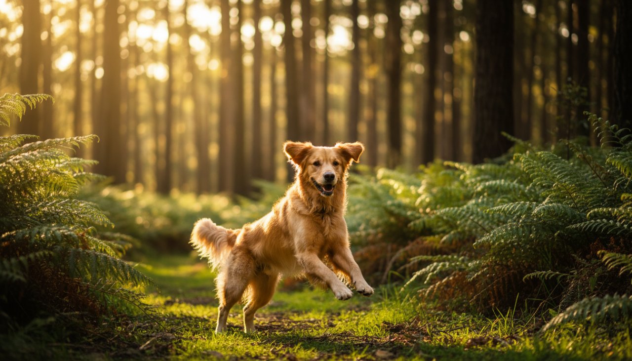 An adventurous golden retriever, mid-leap through dappled sunlight in Kallista, perfectly capturing Kallista pet photography cherished memories with the lush Dandenong Ranges in the background.