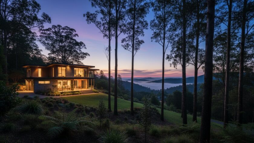 Kallista Real Estate Photography Elevates Property Listings, showcasing a breathtaking twilight shot of a charming cottage nestled among towering gum trees in Kallista, Dandenong Ranges, with warm interior lights glowing, mist gently rising from the valley, and a vibrant sunset sky casting a golden hour glow over the lush landscape, conveying a sense of serene, luxurious living.