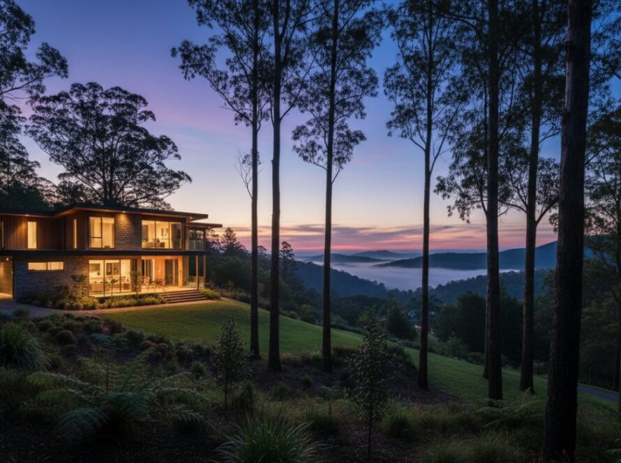 Kallista Real Estate Photography Elevates Property Listings, showcasing a breathtaking twilight shot of a charming cottage nestled among towering gum trees in Kallista, Dandenong Ranges, with warm interior lights glowing, mist gently rising from the valley, and a vibrant sunset sky casting a golden hour glow over the lush landscape, conveying a sense of serene, luxurious living.