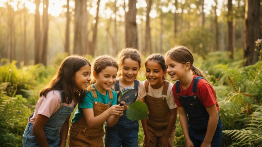 A vibrant and heartwarming photograph of a group of Kallista primary school students, eyes sparkling with joy, engaged in an outdoor learning activity amidst the lush Dandenong Ranges landscape, perfectly showcasing Kallista school photography capturing genuine moments.