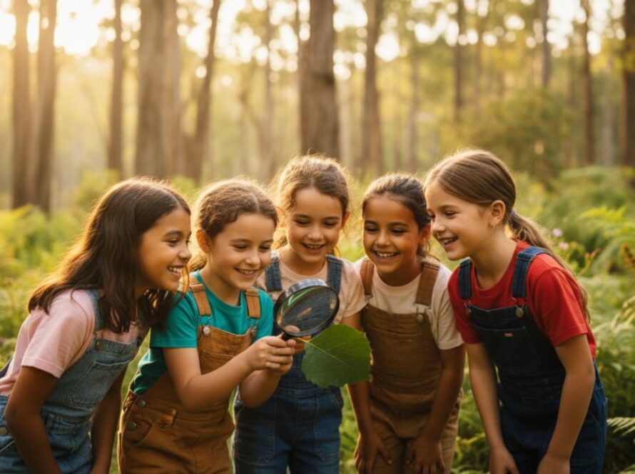 A vibrant and heartwarming photograph of a group of Kallista primary school students, eyes sparkling with joy, engaged in an outdoor learning activity amidst the lush Dandenong Ranges landscape, perfectly showcasing Kallista school photography capturing genuine moments.