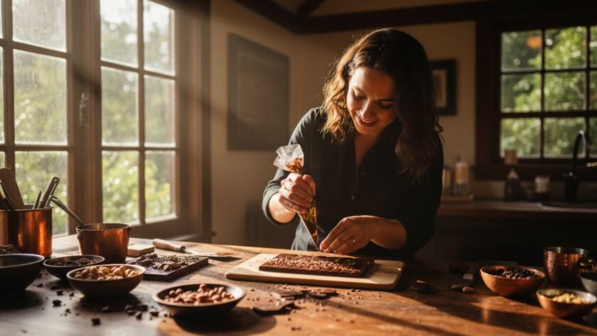 A dynamic, wide-angle 'epic moment' photograph showcasing the owner of a boutique bakery in Kallista, Victoria, passionately presenting freshly baked artisanal bread, bathed in warm, natural light, capturing the essence of Kallista Small Business Branding Photography Victoria.