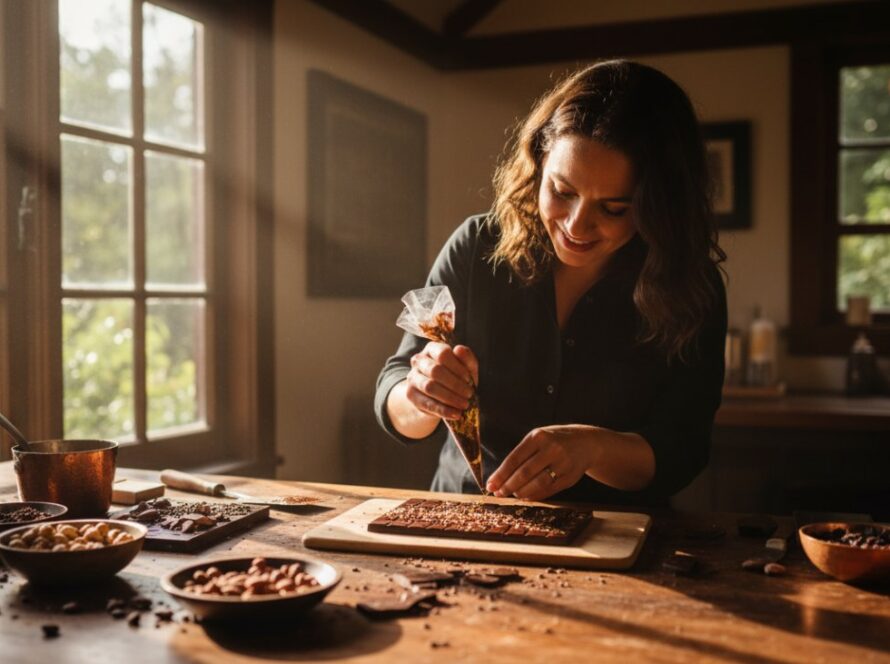 A dynamic, wide-angle 'epic moment' photograph showcasing the owner of a boutique bakery in Kallista, Victoria, passionately presenting freshly baked artisanal bread, bathed in warm, natural light, capturing the essence of Kallista Small Business Branding Photography Victoria.