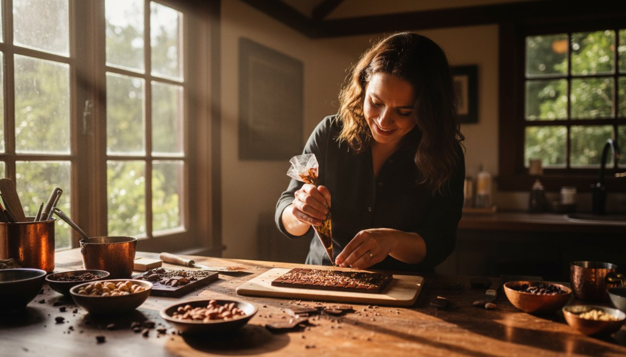 A dynamic, wide-angle 'epic moment' photograph showcasing the owner of a boutique bakery in Kallista, Victoria, passionately presenting freshly baked artisanal bread, bathed in warm, natural light, capturing the essence of Kallista Small Business Branding Photography Victoria.
