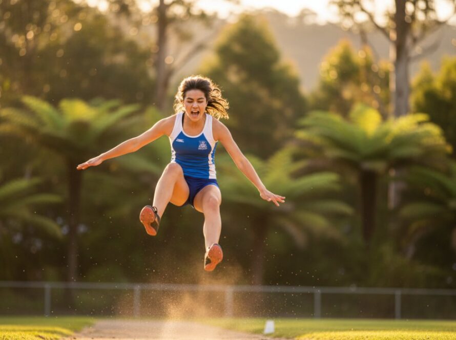 Dynamic close-up of a young athlete mid-sprint during Kallista sports photography capturing local junior athletics, showcasing intense focus and determination at an outdoor track event, with blurred green foliage of the Dandenongs in the background under natural sunlight.
