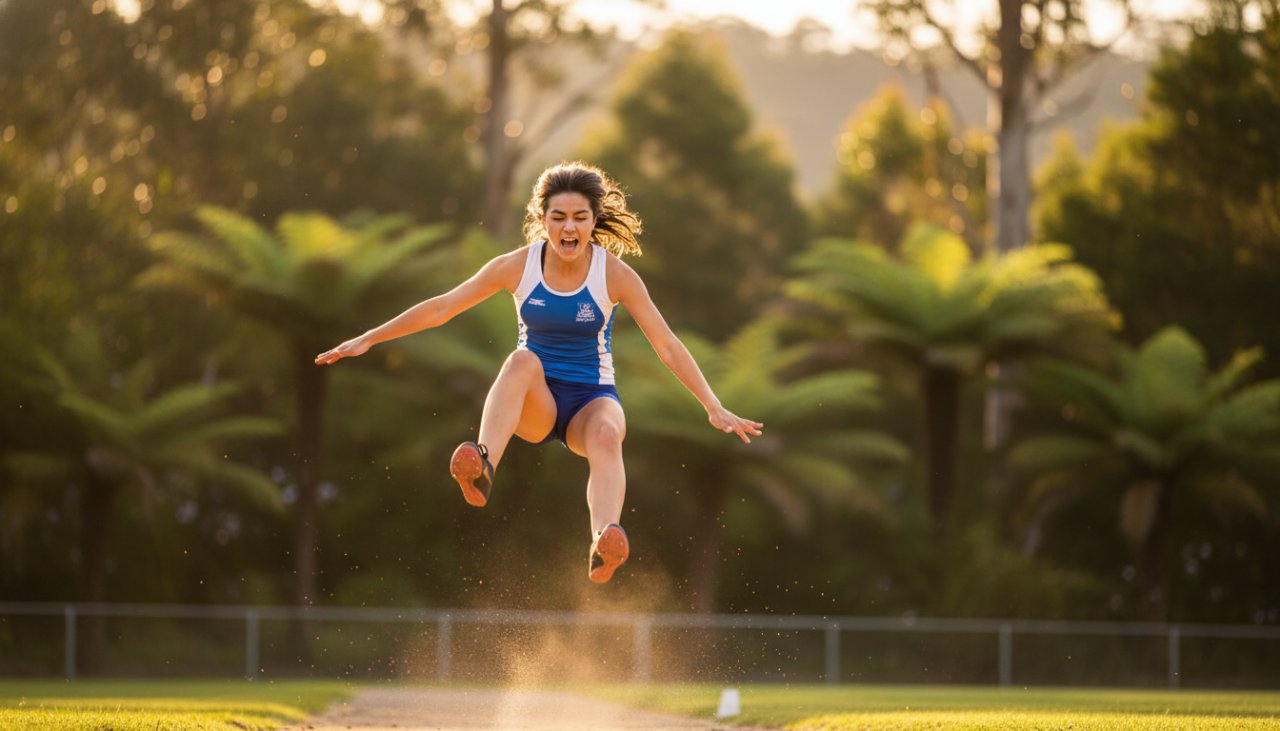 Dynamic close-up of a young athlete mid-sprint during Kallista sports photography capturing local junior athletics, showcasing intense focus and determination at an outdoor track event, with blurred green foliage of the Dandenongs in the background under natural sunlight.