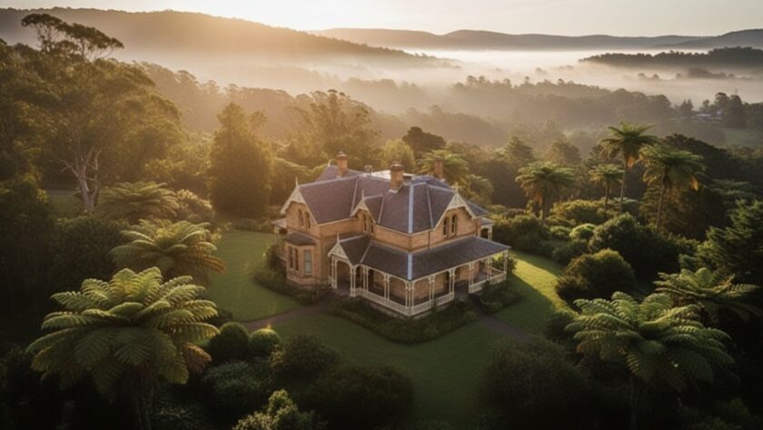 An epic, high-angle drone shot at sunrise over a grand, beautifully preserved heritage home in Kallista, Victoria, showcasing its intricate Victorian-era architecture nestled amongst lush Dandenong Ranges foliage, perfectly illustrating Kallista Victoria architecture photography heritage homes.