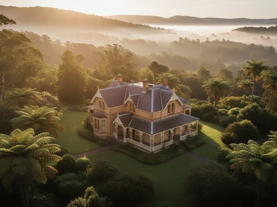 An epic, high-angle drone shot at sunrise over a grand, beautifully preserved heritage home in Kallista, Victoria, showcasing its intricate Victorian-era architecture nestled amongst lush Dandenong Ranges foliage, perfectly illustrating Kallista Victoria architecture photography heritage homes.