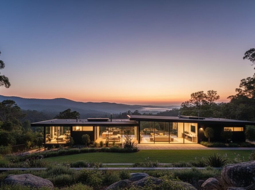 Dramatic twilight photo showcasing a sleek, modern architectural home in Kalorama, Victoria, with its bold lines and warm interior lighting creating a stunning Kalorama architectural photography modern design showcase against the deep blue sky, hinting at an epic moment.