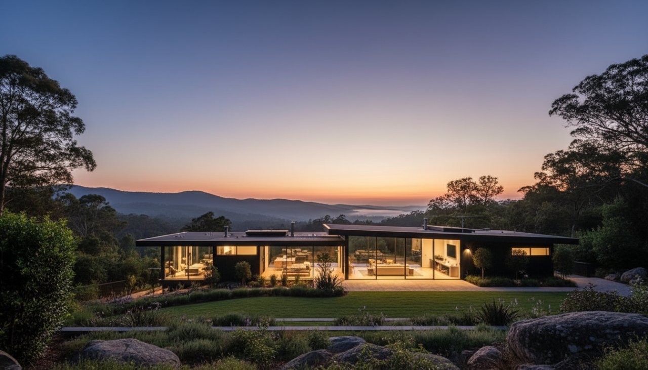Dramatic twilight photo showcasing a sleek, modern architectural home in Kalorama, Victoria, with its bold lines and warm interior lighting creating a stunning Kalorama architectural photography modern design showcase against the deep blue sky, hinting at an epic moment.