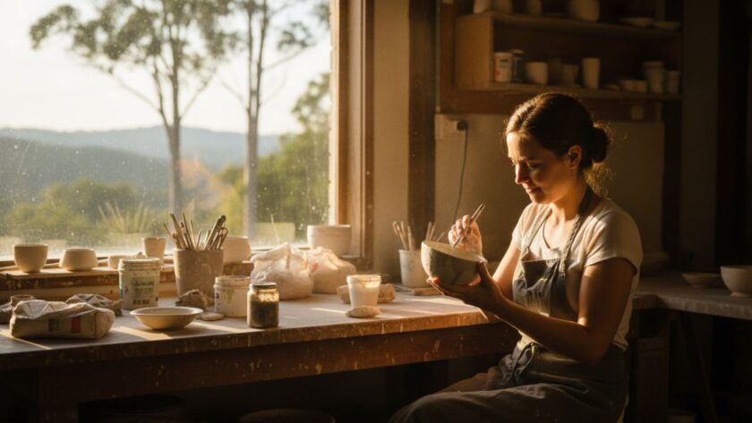 A vibrant and emotionally resonant image capturing the intricate details of an artisan's handcrafted ceramic vase in their sunlit Kalorama workshop, showcasing the beauty of Kalorama artisan commercial photography for their brand story.