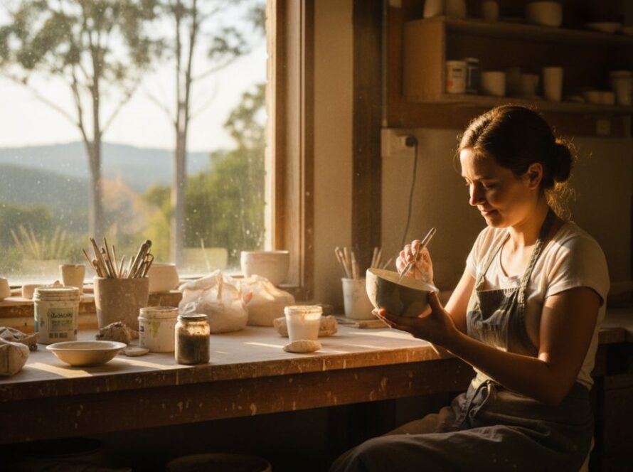 A vibrant and emotionally resonant image capturing the intricate details of an artisan's handcrafted ceramic vase in their sunlit Kalorama workshop, showcasing the beauty of Kalorama artisan commercial photography for their brand story.