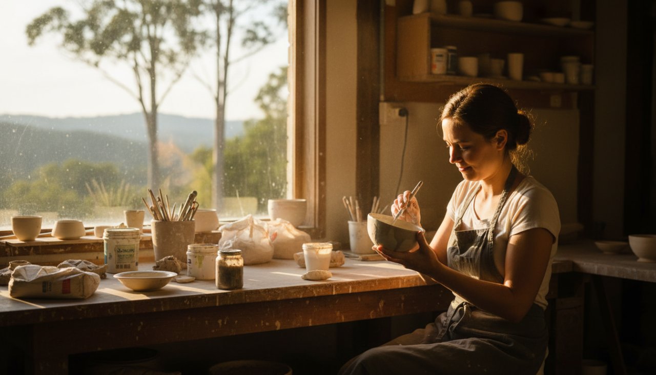 A vibrant and emotionally resonant image capturing the intricate details of an artisan's handcrafted ceramic vase in their sunlit Kalorama workshop, showcasing the beauty of Kalorama artisan commercial photography for their brand story.