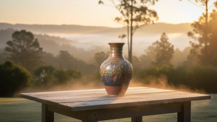 An 'epic moment' shot capturing a handcrafted ceramic mug, beautifully illuminated by a Kalorama sunrise, symbolising exceptional Kalorama boutique product photography for local artisans and the natural beauty of the Dandenong Ranges.