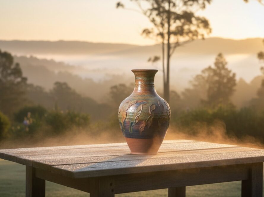 An 'epic moment' shot capturing a handcrafted ceramic mug, beautifully illuminated by a Kalorama sunrise, symbolising exceptional Kalorama boutique product photography for local artisans and the natural beauty of the Dandenong Ranges.