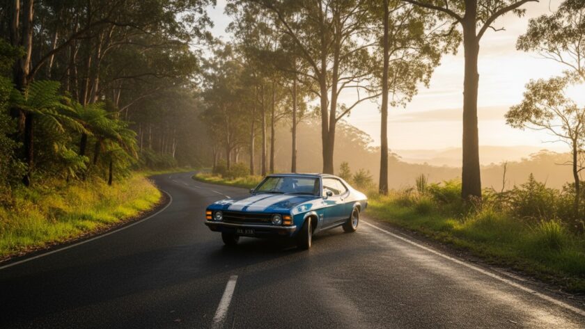 An epic moment of Kalorama classic car scenic photography, featuring a gleaming vintage sports car silhouetted against a dramatic sunset over the Dandenong Ranges, capturing motion and beauty.