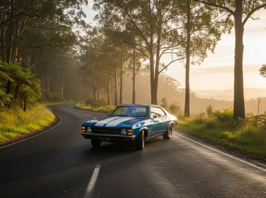 An epic moment of Kalorama classic car scenic photography, featuring a gleaming vintage sports car silhouetted against a dramatic sunset over the Dandenong Ranges, capturing motion and beauty.