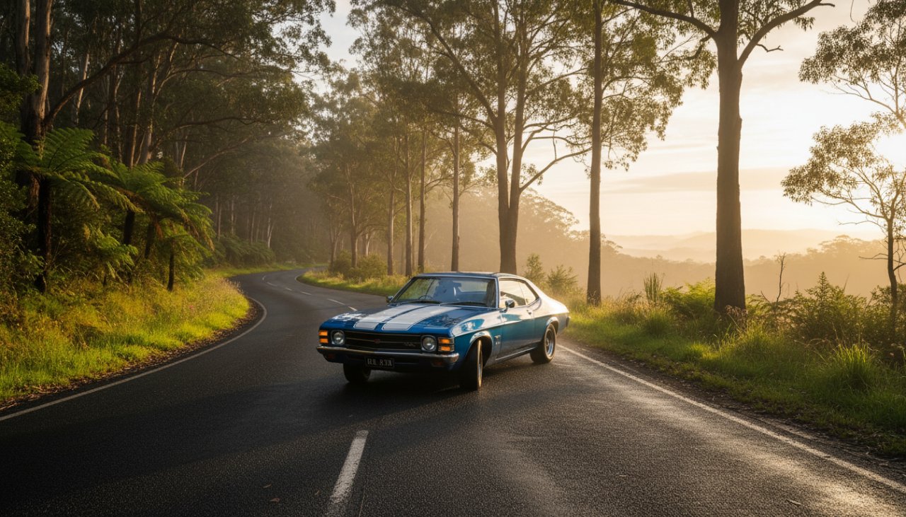 An epic moment of Kalorama classic car scenic photography, featuring a gleaming vintage sports car silhouetted against a dramatic sunset over the Dandenong Ranges, capturing motion and beauty.
