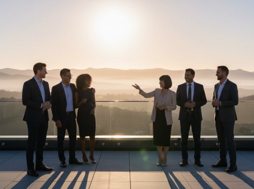 A team of diverse professionals in crisp, modern corporate attire laughing genuinely during a collaborative meeting in a light-filled office space in Kalorama, Victoria, with a hint of the Dandenong Ranges misty backdrop visible through large windows, showcasing Kalorama Corporate Photography Expertise with an epic moment.