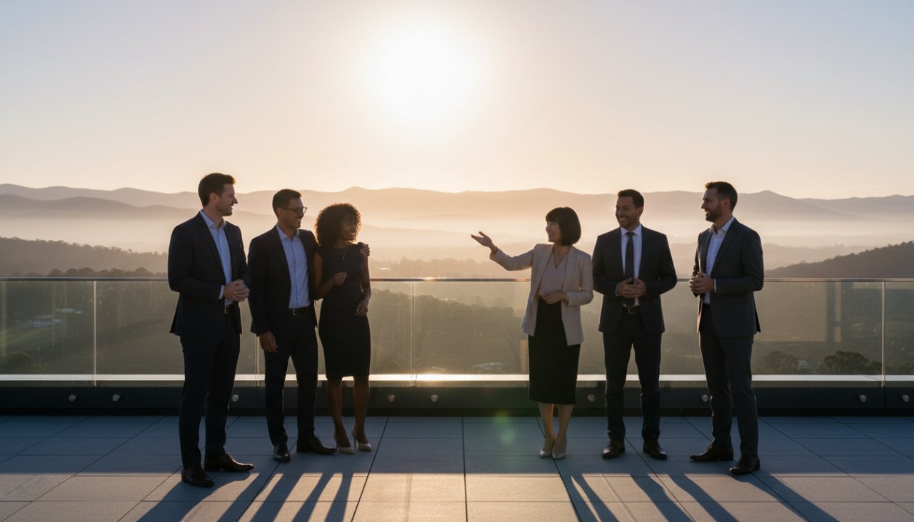 A team of diverse professionals in crisp, modern corporate attire laughing genuinely during a collaborative meeting in a light-filled office space in Kalorama, Victoria, with a hint of the Dandenong Ranges misty backdrop visible through large windows, showcasing Kalorama Corporate Photography Expertise with an epic moment.