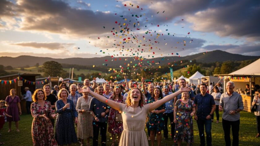 An epic moment of joyful attendees, diverse and animated, laughing and toasting under fairy lights at a vibrant outdoor evening event in Kalorama, with the misty Dandenong Ranges and a golden sunset creating a magical backdrop, captured dynamically from a low angle.